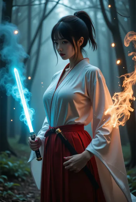 Photo realistic, masterpiece.
Cyberpunk. Fiction, fantasy.
Deep in the dark forest.
Luminous samurai sword. Exorcising evil spirits. Reflection of light after, galaxies, drifting smoke.
Sorcery effects, magic effects, motion effect.
She is swinging her sam...