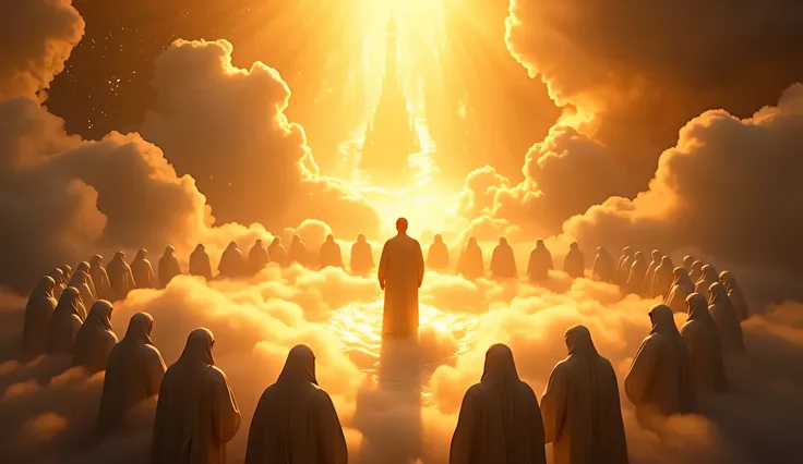A vast celestial domain with soft glowing mist and divine golden light spreading across the scene. At the center, Adam (AS) stands with his back to the viewer on luminous clouds. Dozens of massive angels around him in deep sajda, forming a wide sacred circ...