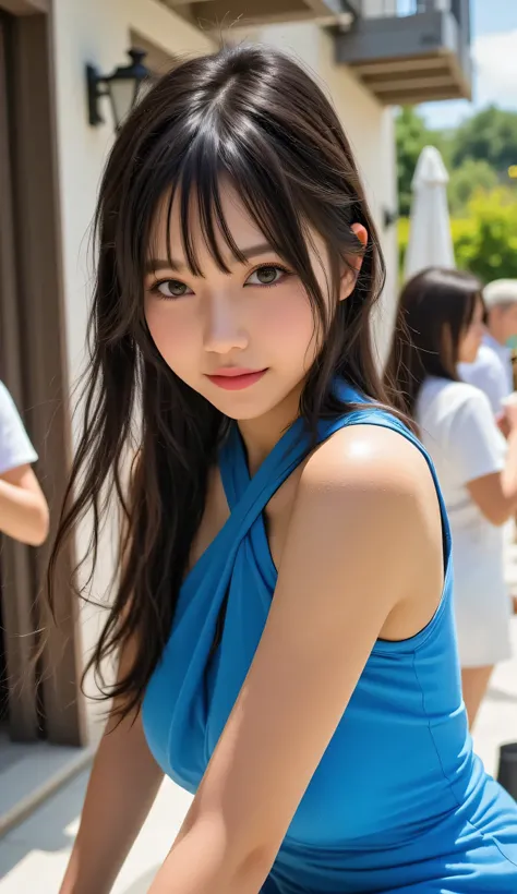 An oblique photo of a gorgeous natural woman in a sexy blue dress、ゴージャスな自然体の女性の斜めからの写真. She has long black hair . she's on the patio, Summer Outside , Party Atmosphere.