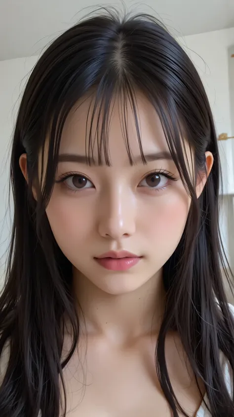 Blurry, Instagram,photo taken with iPhone,Korean woman, solo, black hair, long hair, watching viewers, Parted lips, Bang,face close-up,indoors,makeup,tile wall,bathroom, high detail skin
