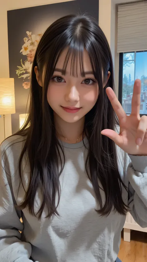 "long , shiny black hair, Her hair is styled with natural waves and a centre part, She is wearing a slightly oversized grey hoodie. She is sitting in a modern gaming setting/A streaming setup with a blurry cityscape wallpaper and LED lighting background. S...
