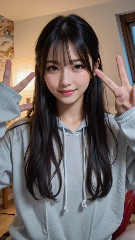 "long , shiny black hair, Her hair is styled with natural waves and a centre part, She is wearing a slightly oversized grey hoodie. She is sitting in a modern gaming setting/A streaming setup with a blurry cityscape wallpaper and LED lighting background. S...