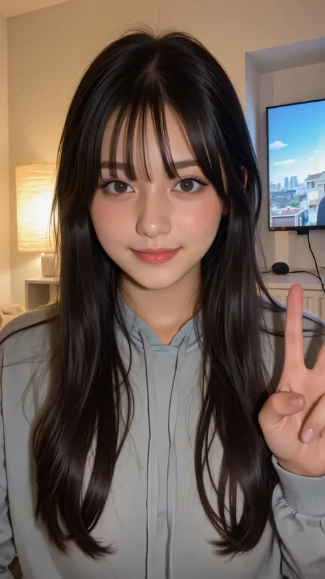"long , shiny black hair, Her hair is styled with natural waves and a centre part, She is wearing a slightly oversized grey hoodie. She is sitting in a modern gaming setting/A streaming setup with a blurry cityscape wallpaper and LED lighting background. S...
