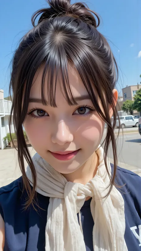 Brighter skin and、Portrait of a young Asian woman with messily tied dark hair。She is wearing a dark blue school uniform and a cream knitted scarf, she has a gentle smile 、Clear blue sky in the background,
