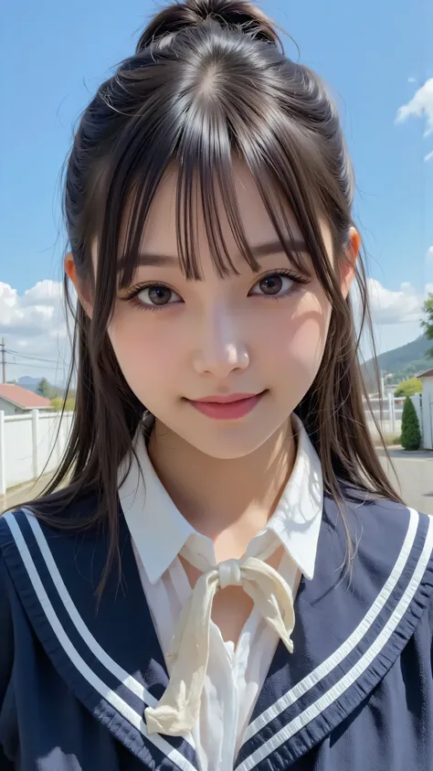 Brighter skin and、Portrait of a young Asian woman with messily tied dark hair。She is wearing a dark blue school uniform and a cream knitted scarf, she has a gentle smile 、Clear blue sky in the background,

