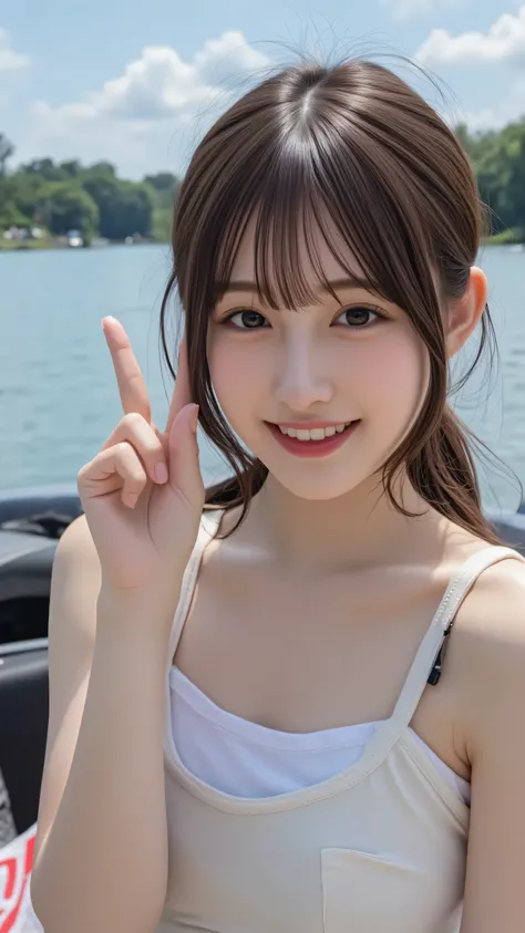 masterpiece, best quality, detailed, ultra detailed, insanely detailed, hyper detailed, exquisite, beautiful, high quality, lake, female , delightful, smiling, making a peace sign, looking at viewer, ponytail, brown hair, black eyes, tanned skin, slender, ...
