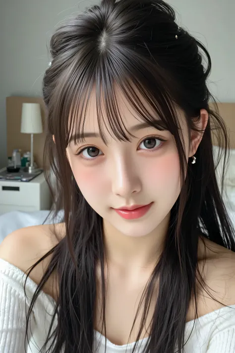 (masterpiece、top quality、very detailed))、black hair、long hair、 ぼさぼさの前髪、Wave Hair、grey eyes、(( open your mouth 、Saliva Flowing from My Mouth))、((Come with your tongue))、((lots of earrings))、((とても大きなchest))、((white sweater))、chest、Off Shoulder、strapless、((th...