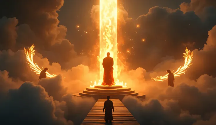 A divine courtroom-like celestial scene high above, shrouded in glowing mist and ethereal golden light. At the center, a radiant throne of divine energy — faceless, glowing, symbolizing Allah’s presence. Before the throne stands a tall fiery figure — Iblis...