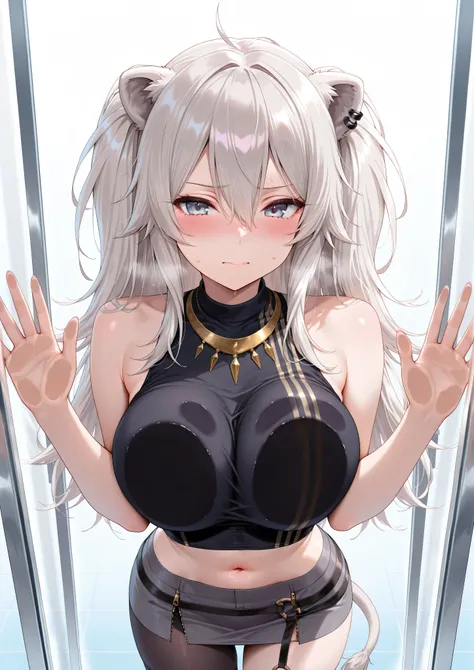 solo,masterpiece,best quality, amazing quality, highres, absurdres, very aesthetic, high resolution, ultra detailed, perfect details,botanIL, ear piercing, lion tail,botandef, long hair, navel, hair between eyes, two side up, black shirt, midriff, grey ski...
