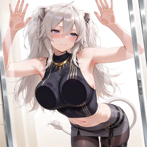 solo,masterpiece,best quality, amazing quality, highres, absurdres, very aesthetic, high resolution, ultra detailed, perfect details,botanIL, ear piercing, lion tail,botandef, long hair, navel, hair between eyes, two side up, black shirt, midriff, grey ski...