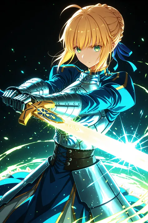 masterpiece, best quality, weapon, holding sword, 1girl, saber, fate_(series), 1girl, blonde_hair, green_eyes, tied hair, SHN journey, neon art, neon colors, glowing, glow effect, bright outlines, vibrant colors, high contrast, dark background, digital art...