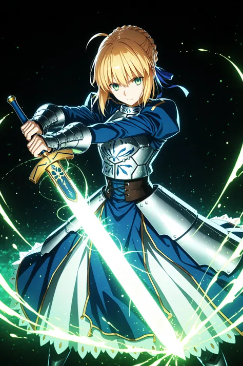 masterpiece, best quality, weapon, holding sword, 1girl, saber, fate_(series), 1girl, blonde_hair, green_eyes, tied hair, SHN journey, neon art, neon colors, glowing, glow effect, bright outlines, vibrant colors, high contrast, dark background, digital art...
