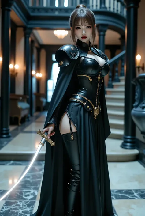 Dimly lit Western-style mansion late at night, black wall, marble floor, hall, spiral staircase.
Luminous samurai sword. Exorcising evil spirits. Reflection of light after, drifting smoke.
Super beautiful Japanese woman, closed mouth, she is intimidating, ...