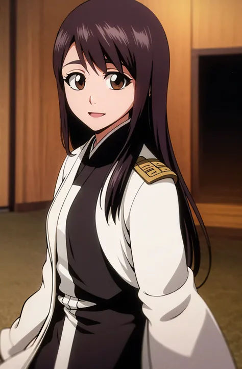 Masterpiece, top quality , one girl from the side , romantic love , black hair, single ,Straight long hair, brown eyes, kimono, white sleeveless coat ,Captain's coat without white sleeves, black kimono , smile, alone, I'm looking for , simple background ,