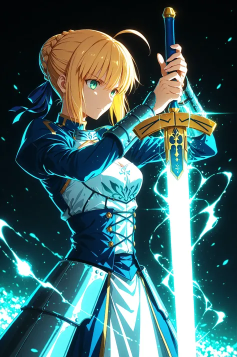 masterpiece, best quality, weapon, holding sword, 1girl, saber, fate_(series), 1girl, blonde_hair, green_eyes, tied hair, SHN journey, neon art, neon colors, glowing, glow effect, bright outlines, vibrant colors, high contrast, dark background, digital art...