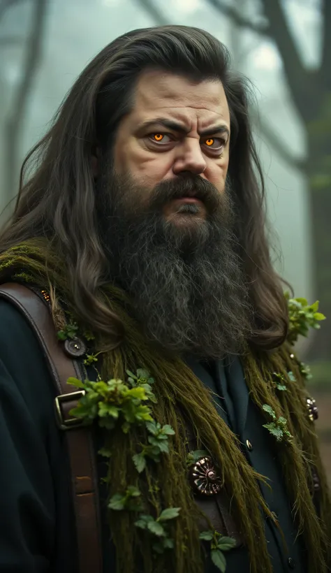 Nick Offerman as Rubeus Hagrid, dark gritty biopunk version, genetically enhanced forest warden with fungal armor, moss-covered beard, symbiotic plant-creatures growing from his skin, his coat is organic and pulsating, his eyes glow with bio-luminescence, ...