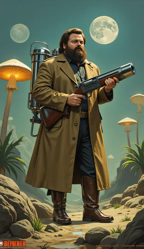 Nick Offerman as Rubeus Hagrid, retro-futuristic 1950s sci-fi, gleaming chrome beard guard, rocket boots, jetpack-powered trench coat, alien jungle with glowing mushrooms, two moons overhead, his "umbrella" is a plasma rifle, vintage pulp sci-fi covers, ex...