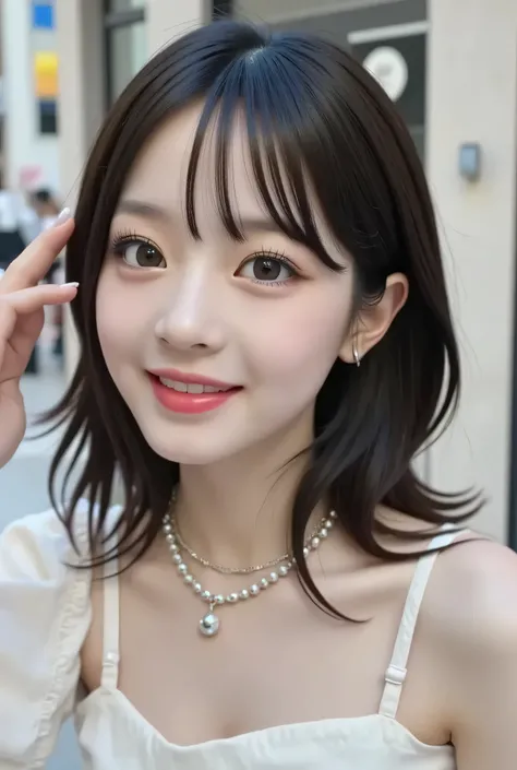 one high school girl:Large double eyelids : mascara:long eyelashes :Focus on the eyes: Smile Yan:bungs : Princess Cut: pink lipstick : {{I'm wearing a clear white lace off-the-shoulder}: