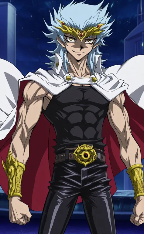 1male,solo,Ryuga,sillver hair,medium hair,yellow eyes,smirk,white cape,black toptank,leather pants,muscle,Yugioh Dark Side Of Dimensions Style