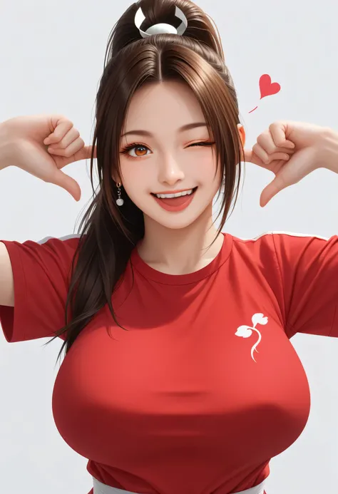 Japanese beautiful girl,   huge breasts, cowboy shots, half body，乳沟，低胸, ,earrings, smile
She stuck out her tongue playfully, , many little hearts, ，white background, She winked with one eye, stuck out her tongue, and made a playful expression. one eye open...