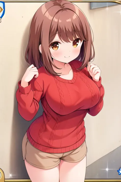 highly detailed background, anime quality, shiina kokomi, solo, brown hair, long hair, brown eyes, large breasts, wear sweater, red bowtie, shorts brown skirt, gentle smile, super big breasts, on backyard, shirt, short hairs, tall adult woman, cute, on wal...