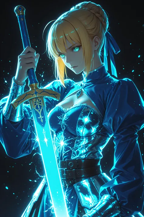 masterpiece, best quality, weapon, holding sword, 1girl, saber, fate_(series), 1girl, blonde_hair, green_eyes, tied hair, SHN journey, neon art, neon colors, glowing, glow effect, bright outlines, vibrant colors, high contrast, dark background, digital art...