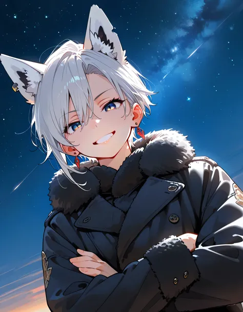 sideview,(dynamic angle,dynamic crossed arms pose),looking at viewer:1.3,solo,adult man,Earrings on one ear only，upperbody,silver very short messy asymmetrical hair,white fox ear,blue detailed eyes,male's face,grin,black fur coat with red line,softline art...