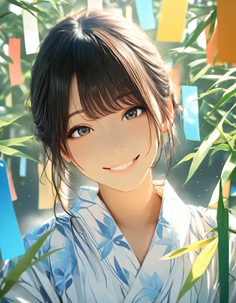 1girl, year 2019, upper body, summer, Tanabata, Yukata,   smile, masterpiece, High score,   GReAT SCore  , absurdres, 16K, Ultra detailed, (Photorealistic : 0.5)