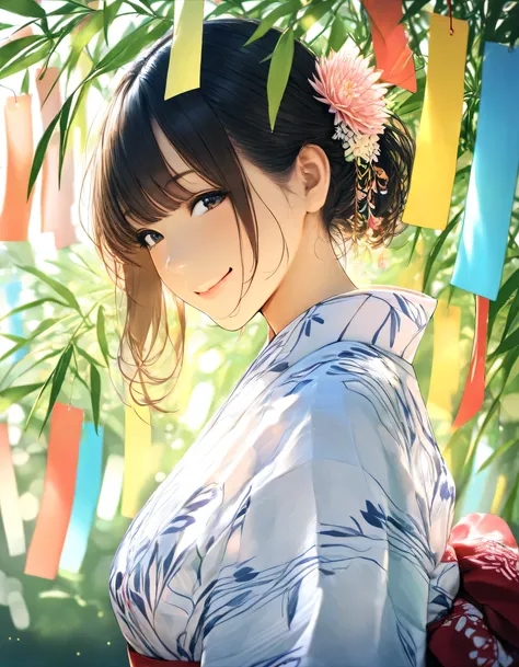 1girl, year 2019, upper body, summer, Tanabata, Yukata,   smile, masterpiece, High score,   GReAT SCore  , absurdres, 16K, Ultra detailed, (Photorealistic : 0.5)