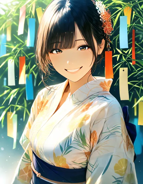 1girl, year 2019, upper body, summer, Tanabata, Yukata,   smile, masterpiece, High score,   GReAT SCore  , absurdres, 16K, Ultra detailed, (Photorealistic : 0.5)