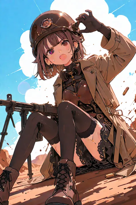 masterpiece , 最High Quality ,  very beautiful　, wallpaper 4k,8k、steampunk、Animated Shooting, bullet time, 　（（（（機関銃を持ってRun女の子））））　（（（（Run））））　machine gun perspective　　Thick brown hair  、（（（（Dutch angle shot））））　Rough hair　hair flaps　Thin Soft Bangs　　brown e...