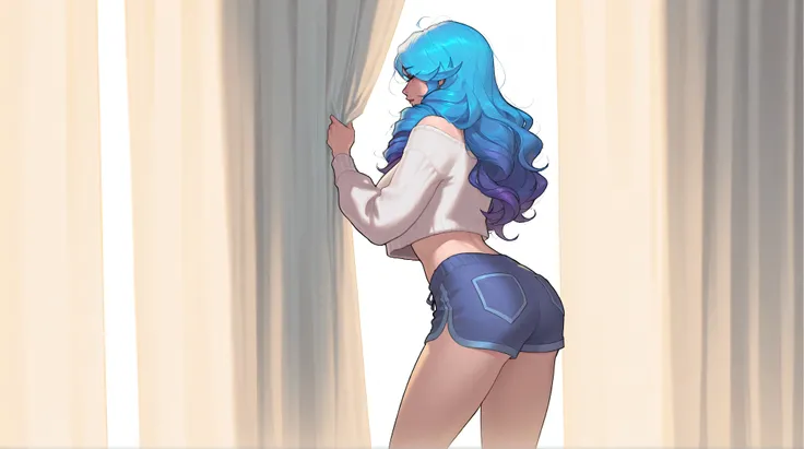 Gwen de league of legends, Alone, 1 girl, Mature woman, housewife, silver blue hair,  loose hair, wavy hair, slightly disheveled, crop top pverhang, NAKED abdomen,  transparent white sweater , blue shorts, front side view, interiores, curtains, Milf,  soft...