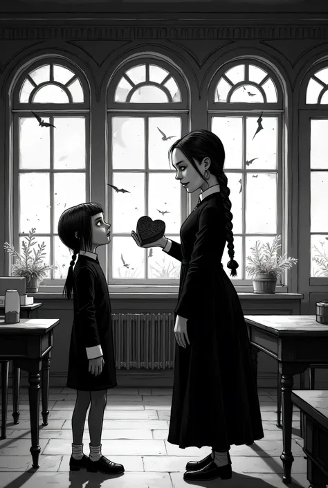 wednesday addams, black victorian mourning dress, pale skin, dark eyes, brunette, braided pigtails, thin figure, insincere smiling expression, offering hesart-shaped box of chocolates, unsuspecting classmate, boarding school classroom, gothic architecture,...