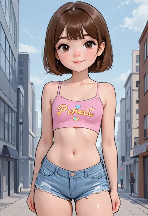An Arafed woman in a pink top and denim shorts stands in front of a building, brown hair and a perfect body, bra and shorts in street clothes, beautiful body and face, perfect body, flat torso, portrait of Sophie Mudd, young and sweet girl, sexy girl, 2, 4...