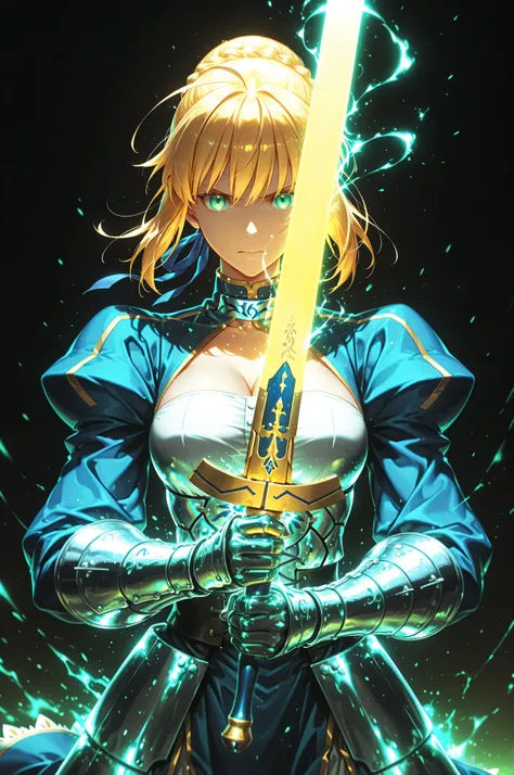 masterpiece, best quality, weapon, holding sword, 1girl, saber, fate_(series), 1girl, blonde_hair, green_eyes, tied hair, SHN journey, neon art, neon colors, glowing, glow effect, bright outlines, vibrant colors, high contrast, dark background, digital art...