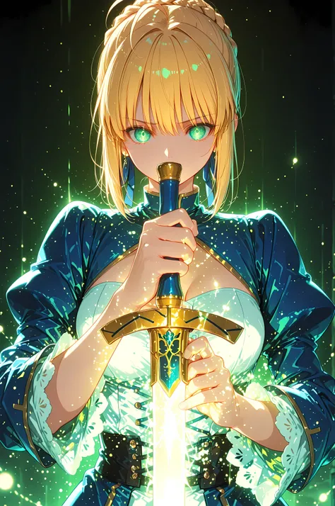 masterpiece, best quality, weapon, holding sword, 1girl, saber, fate_(series), 1girl, blonde_hair, green_eyes, tied hair, SHN journey, neon art, neon colors, glowing, glow effect, bright outlines, vibrant colors, high contrast, dark background, digital art...