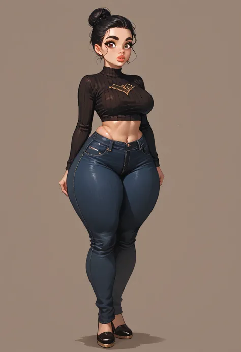 simple background, perfect face, black hair bun, high bun, natural eyebrows, black eyebrows, big eyes, brown eyes, thick lips, beautiful woman, (shape black snatched ribbed twist detail crop top), (black denim jeans pants), (thick thighs:1.3), (standing)