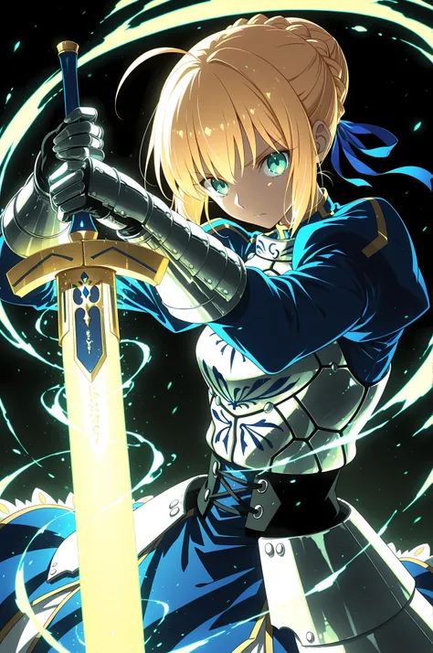 masterpiece, best quality, weapon, holding sword, 1girl, saber, fate_(series), 1girl, blonde_hair, green_eyes, tied hair, SHN journey, neon art, neon colors, glowing, glow effect, bright outlines, vibrant colors, high contrast, dark background, digital art...