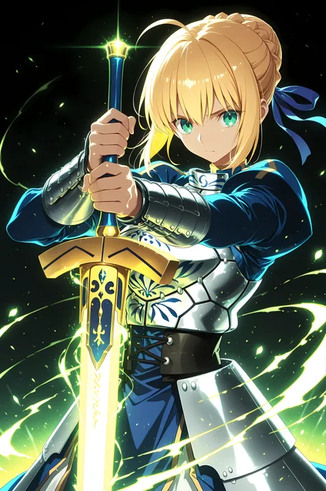 masterpiece, best quality, weapon, holding sword, 1girl, saber, fate_(series), 1girl, blonde_hair, green_eyes, tied hair, SHN journey, neon art, neon colors, glowing, glow effect, bright outlines, vibrant colors, high contrast, dark background, digital art...