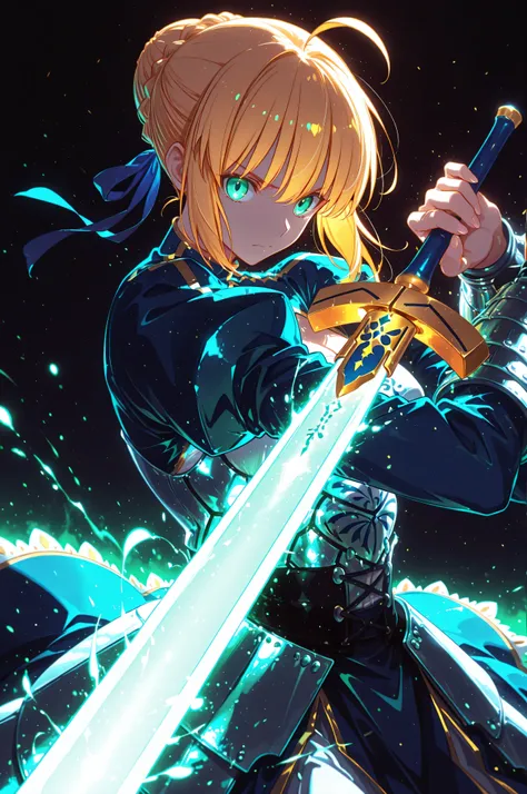 masterpiece, best quality, weapon, holding sword, 1girl, saber, fate_(series), 1girl, blonde_hair, green_eyes, tied hair, SHN journey, neon art, neon colors, glowing, glow effect, bright outlines, vibrant colors, high contrast, dark background, digital art...