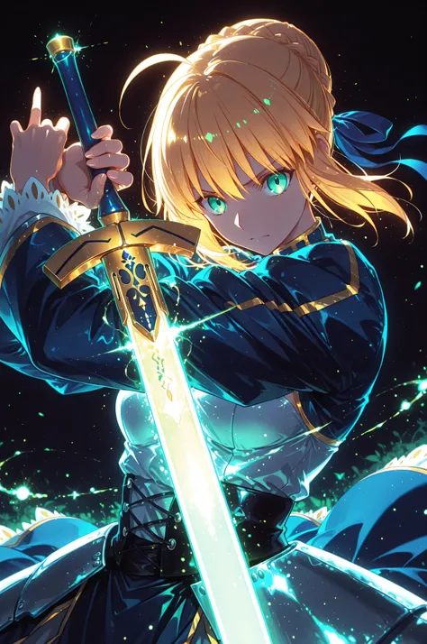 masterpiece, best quality, weapon, holding sword, 1girl, saber, fate_(series), 1girl, blonde_hair, green_eyes, tied hair, SHN journey, neon art, neon colors, glowing, glow effect, bright outlines, vibrant colors, high contrast, dark background, digital art...
