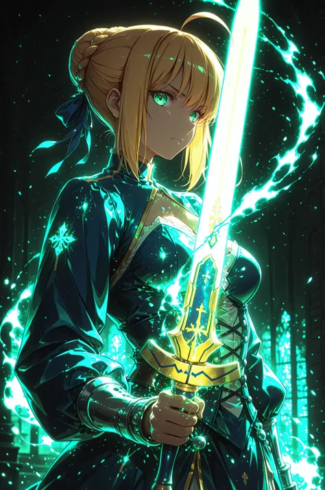 masterpiece, best quality, weapon, holding sword, 1girl, saber, fate_(series), 1girl, blonde_hair, green_eyes, tied hair, SHN journey, neon art, neon colors, glowing, glow effect, bright outlines, vibrant colors, high contrast, dark background, digital art...