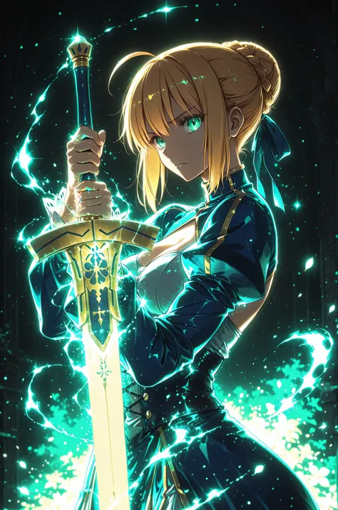 masterpiece, best quality, weapon, holding sword, 1girl, saber, fate_(series), 1girl, blonde_hair, green_eyes, tied hair, SHN journey, neon art, neon colors, glowing, glow effect, bright outlines, vibrant colors, high contrast, dark background, digital art...