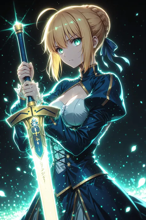 masterpiece, best quality, weapon, holding sword, 1girl, saber, fate_(series), 1girl, blonde_hair, green_eyes, tied hair, SHN journey, neon art, neon colors, glowing, glow effect, bright outlines, vibrant colors, high contrast, dark background, digital art...