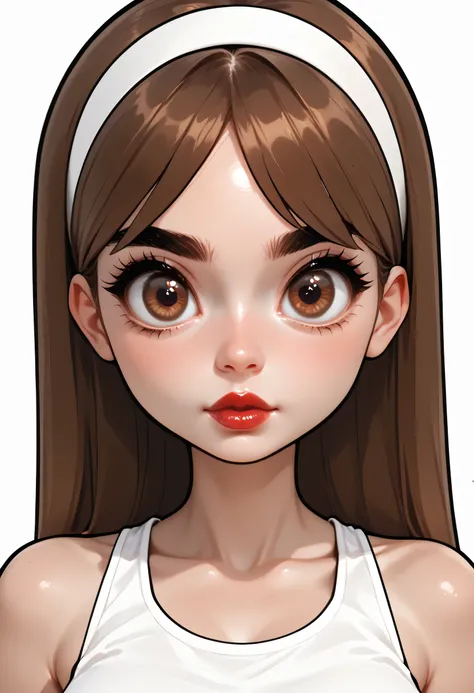 perfect face, straight hair, lightest brown hair, (((white headband))), black eyebrows, thick eyebrows, black eyeliners, big eyes, (((brown eyes))), bright red lips, thick lips, beautiful woman, white tank top, medium breasts