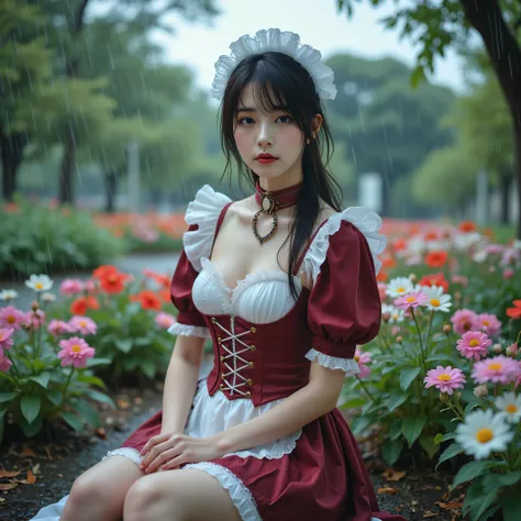 RAW photograph of a young japanese woman (sitting sideways) in a garden with pink, red, blue, white, yellow campanula in the background. it is raining. her hair is wet from the rain. (fullbody shot:1.4). A wide shot of a character.
she is wearing a (french...