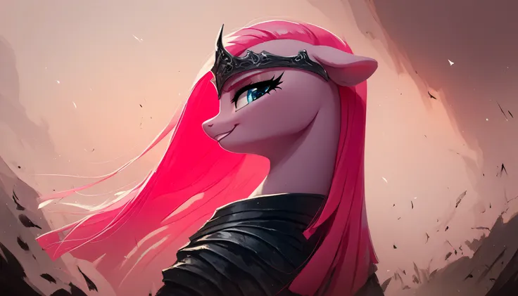 score 9,  score8 _profile,  score7 _, black souls style, pinkamina diana pie, pony, Alone, smiling, looking at the spectator,

