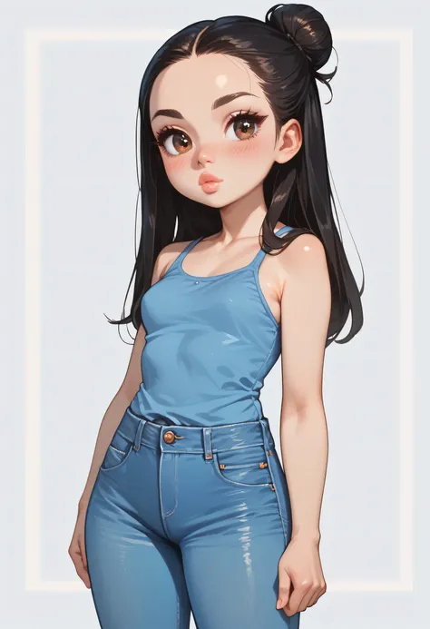 1girl, black hair, bun low hair, (forehead), black thin eyebrows, big brown eyes, black eyeliners, blush, nose, thick lips, beautiful girl, small breasts, blue tank top, blue jeans, ((standing))