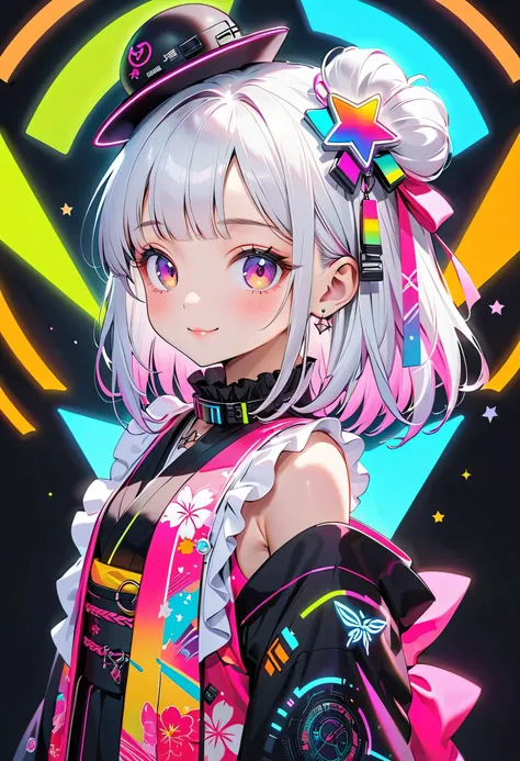  cute young girls , best details, cute face,cute smile、 Beautiful appearance,  ((Shiny milky white hair)) 、beautiful attention to detail,(((Cyberpunk and kimono fusion)))、((neonカラーパレット)), ((neonカラースターチョーカー)), ((Ruffles on the collar  )), ((wear a cute cybe...