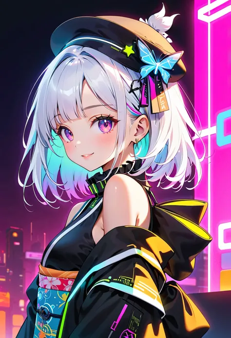  cute young girls , best details, cute face,cute smile、 Beautiful appearance,  ((Shiny milky white hair)) 、beautiful attention to detail,(((Cyberpunk and kimono fusion)))、((neonカラーパレット)), ((neonカラースターチョーカー)), ((Ruffles on the collar  )), ((wear a cute cybe...